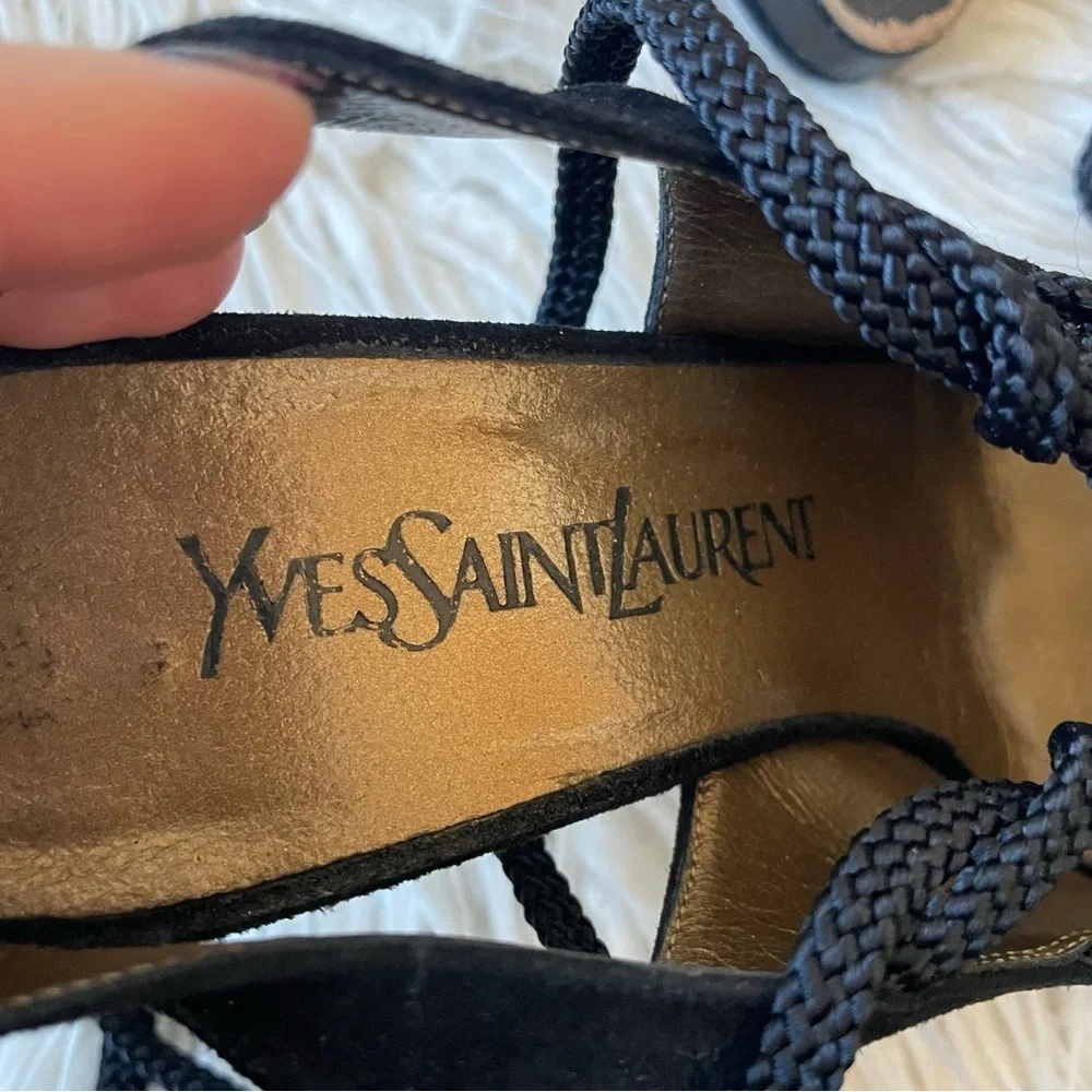 Yves Saint Laurent Dallas Vintage Black Suede Lace Up Ankle Wrap Pumps Size 6.5